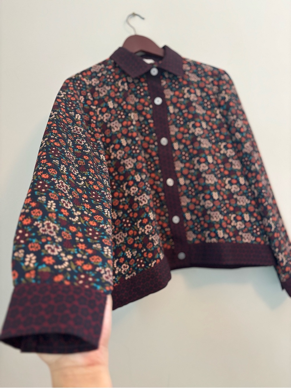 Loft Outlet Small Floral Button Down Collar Blouse Burgundy-Purple-Pink Colorway